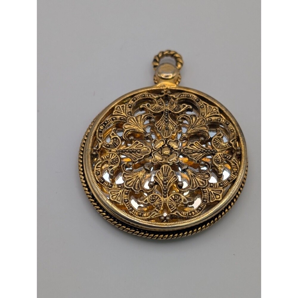 Vintage Ornate Gold Tone Compact Mirror Pendant Locket Filigree Watch Fob Style